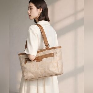 Coach Cream Beige Signature Satin Tan Leather Tote Shoulder Bag